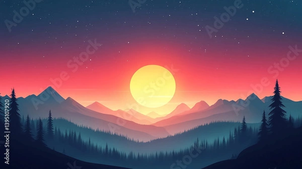 Fototapeta Sunset mountain landscape vector illustration wallpaper background desktop hd nature scenic art 4k