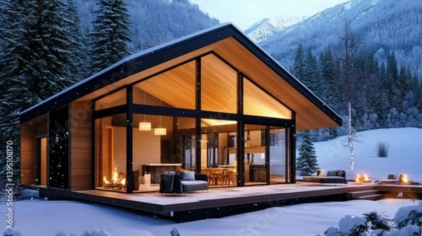 Obraz Warm and cozy tiny home in the mountains, snow falling outside the large glass windows