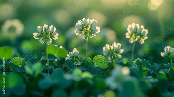 Fototapeta Close-up photography of a patch of clover, with the intricate shapes of their leaves and the softness of their tiny blooms in perfect focus.