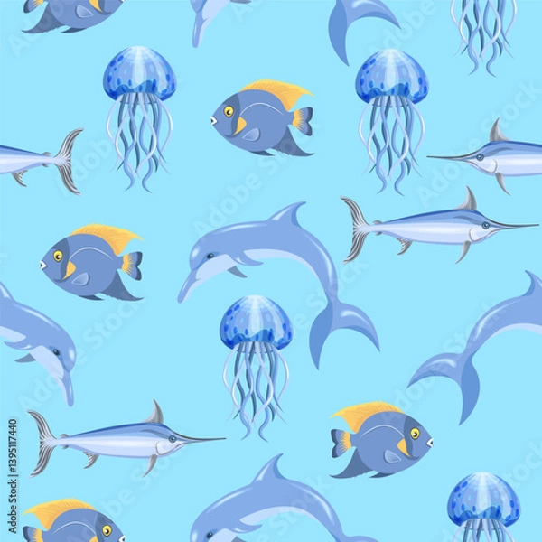 Obraz Seamless marine pattern of dolphin, fish and jellyfish on a blue background.Vector pattern for children's textiles, backgrounds,wallpapers.
