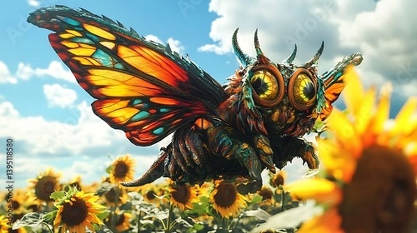 Fototapeta A multicolored monster with butterfly wings flying over a field of sunflowers 