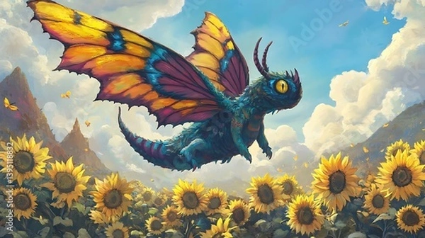 Fototapeta A multicolored monster with butterfly wings flying over a field of sunflowers 