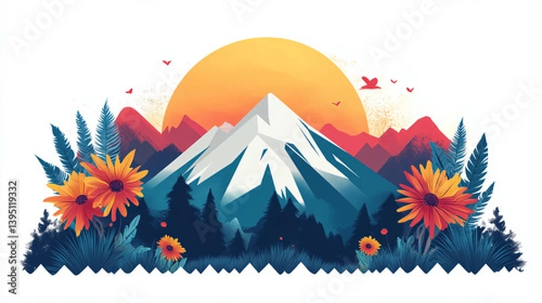 Fototapeta Mountain landscape with flowers sun and birds vector illustration nature background design for travel 100