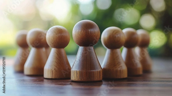 Fototapeta Wooden pawn figures leadership concept strategy team collaboration success unity focus group 3d render