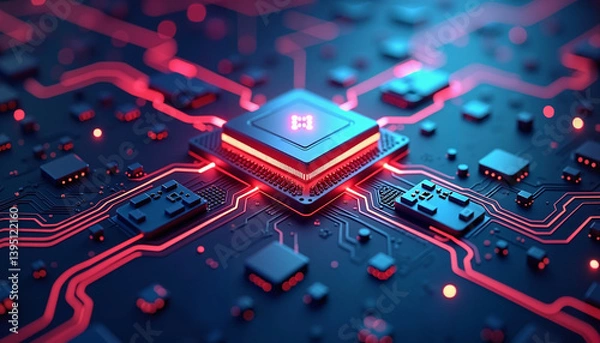 Fototapeta Glowing microchip on circuit board, blue futuristic technology