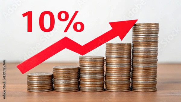 Fototapeta Tariff Taxes. 10 percent increase in tariff is symbolized by red arrow rising over stacked coins