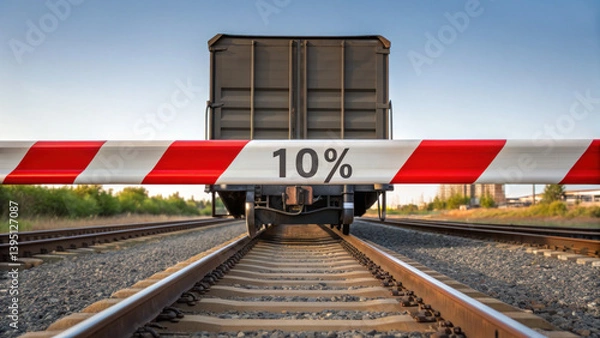 Fototapeta Tariff Taxes. train wagon approaches railway crossing with 10 percent tariff sign