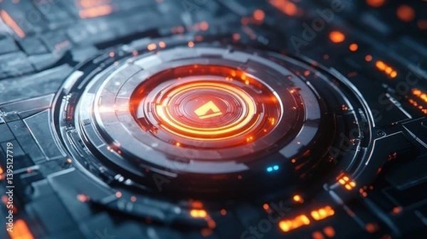 Obraz A sci-fi styled push button, surrounded by glowing energy rings and interactive animations.