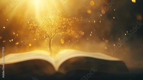 Fototapeta A majestic tree emerging from the pages of an open book, surrounded by golden light, symbolizing knowledge, wisdom, and inner growth, fantasy realism, soft focus, mystical aura.