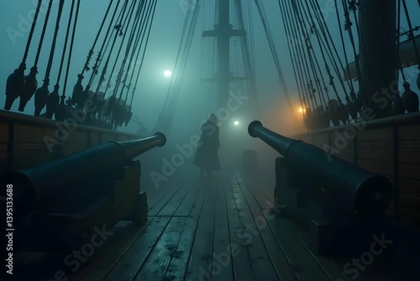 Obraz Mysterious Voyage, A solitary figure walks on the fog shrouded deck of a historic tall ship amidst the glow of distant lights and heavy cannons