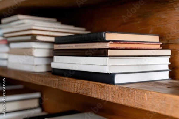 Fototapeta An artistic arrangement of neatly stacked books on a solid wooden shelf, showcasing various spine colors, suggesting a cozy reading atmosphere and a love for literature.