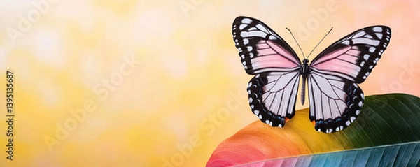 Fototapeta single pastel butterfly rests gracefully on vibrant leaf, creating serene and colorful scene
