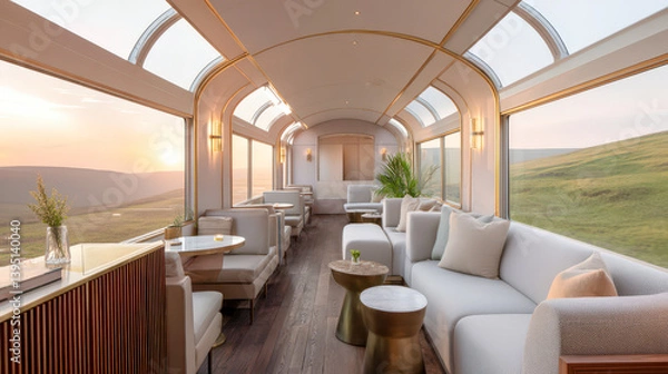 Fototapeta A train car with a large window and a view of the mountains