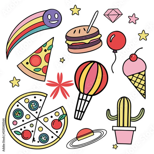 Obraz Playful Icons for Kids' Fashion,Vector Illustration Bright and Fun Illustrations for Every Kid.Ice cream cone
Rocket,Rainbow, Star,Cherries,Balloons,Cactus, Burger.