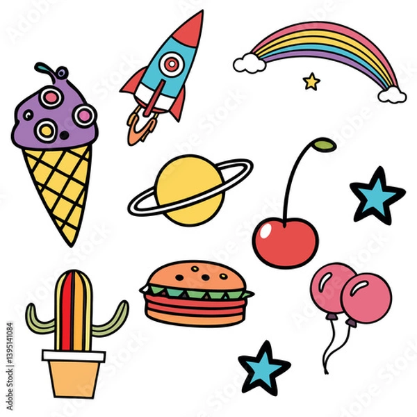Obraz Playful Icons for Kids' Fashion,Vector Illustration Bright and Fun Illustrations for Every Kid.Ice cream cone
Rocket,Rainbow, Star,Cherries,Balloons,Cactus, Burger.