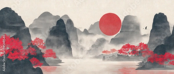 Fototapeta A mountain range with a red sun in the sky