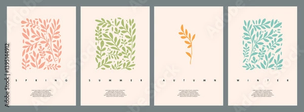Obraz Four seasons floral banner designs with leaves and branches. Vector cover backdrops set. Nature and botany pattern representing spring, summer, autumn and winter.