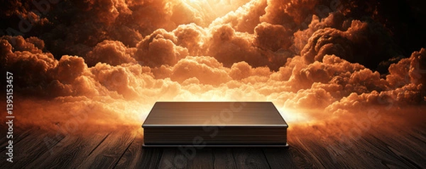 Fototapeta wooden platform with closed book sits against dramatic backdrop of golden clouds, evoking sense of mystery and wonder