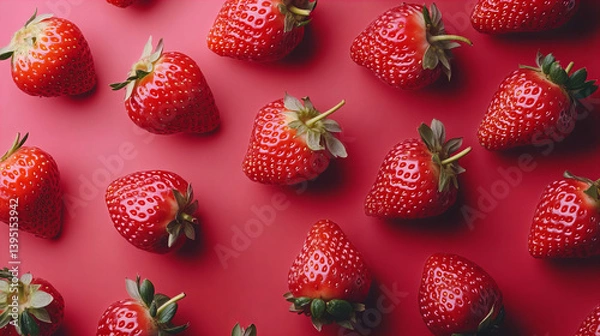 Obraz Background with fresh ripe strawberries arranged in pattern on rustic wooden background, ideal for summer recipes, seasonal food themes, fruit packaging, healthy eating promotions, kitchen decor