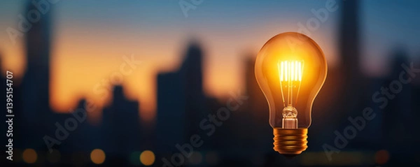 Fototapeta glowing light bulb stands out against blurred city skyline at sunset, creating warm and inviting atmosphere