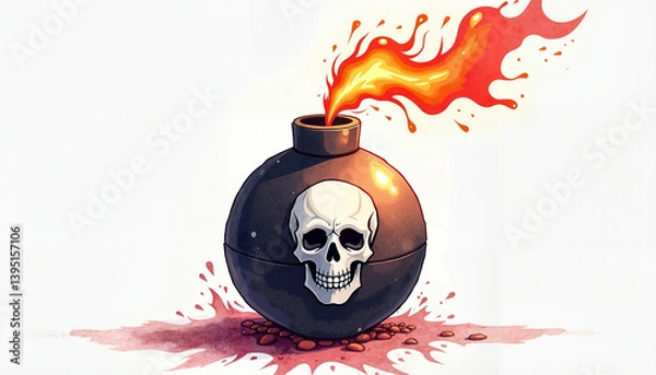 Fototapeta Cartoon bomb with lit fuse, scattered debris and fiery spark