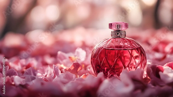 Fototapeta A bottle of luxury red perfume bottle with pink and red flower petals by the side