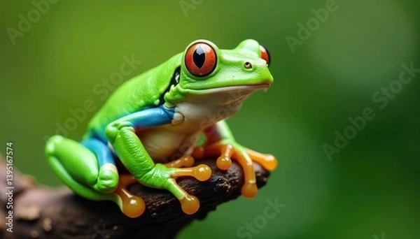Fototapeta Green tree frog perched on white, vibrant skin, isolated, amphibian, leaping