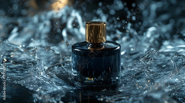 Fototapeta Close up of a bottle of perfume with water around it