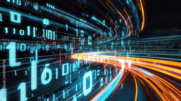 Obraz Futuristic digital data flow with motion blur on highway for technology and innovation concept design