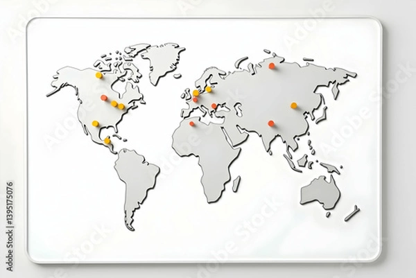 Fototapeta Stylized World Map on Whiteboard with Colorful Pins Marking Global Locations, Ideal for Business Strategy and International Collaboration Visualization