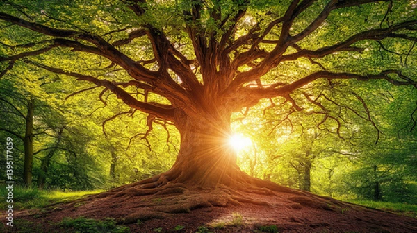 Fototapeta Sunlight through green tree canopy from below in lush forest, vibrant foliage and bark texture, nature background for eco themes and outdoor inspiration

