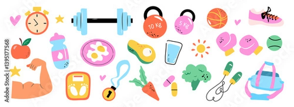 Fototapeta Healthy lifestyle concept icon set. Elements of diet, exercise equipment, routine, gym, nutrition, cardio exercises, sports supplements, self-care, hobbies. Hand drawn cute vector illustration.