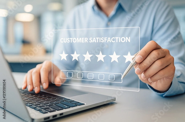 Fototapeta A business professional uses a digital interface to evaluate customer satisfaction, highlighting service quality, feedback, and performance metrics.