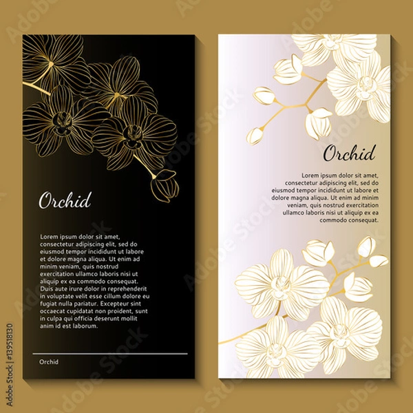 Fototapeta Vector modern floral pattern for design cards, invitations, banners. Beautiful Golden orchids on black and white background.