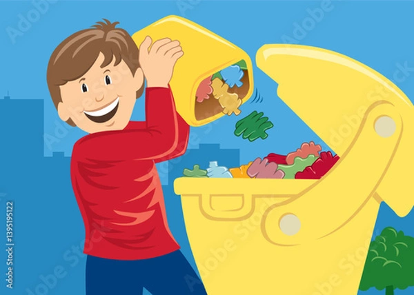 Obraz Cheerful young boy sorting plastic waste into a container