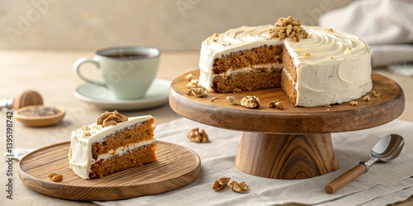 Fototapeta Rustic wooden table, carrot cake with cream cheese frosting, vintage cake stand, teacup, slice of cake on plate, pecans, warm lighting, cozy atmosphere, food photography, soft focus, muted colors, 
