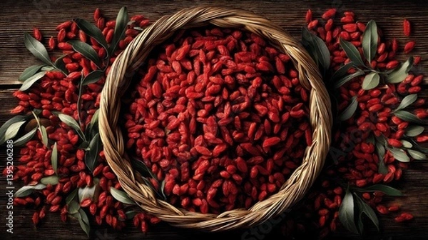 Obraz A woven basket filled with vibrant red goji berries on a wooden surface