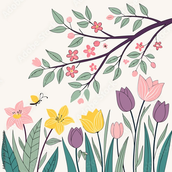 Fototapeta Beautiful Spring Horizon with Petals in the Wind