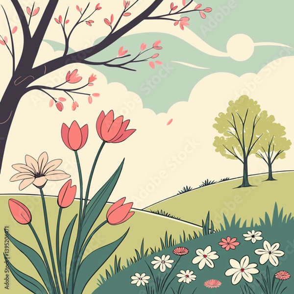 Fototapeta Blooming Orchard in Spring with Soft Pastel Background