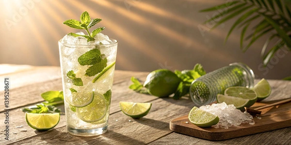 Fototapeta Refreshing mojito cocktail, sunlit wooden table, lime wedges, fresh mint leaves, tropical palm shadows, ice cubes, golden hour glow, rustic background, summer drink, high-resolution photography,