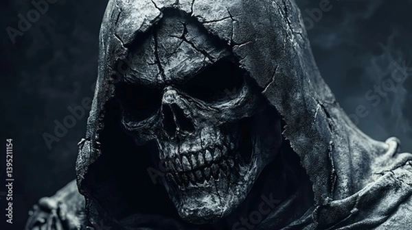 Fototapeta A haunting close-up of a skull in a dark hood, conveying a sense of mystery and eeriness, perfect for Halloween themes and horror artwork.