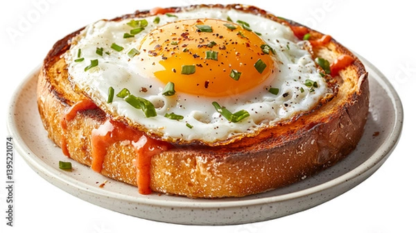 Obraz Delicious breakfast toast with fried egg and chives topping  isolated on transparent  background png