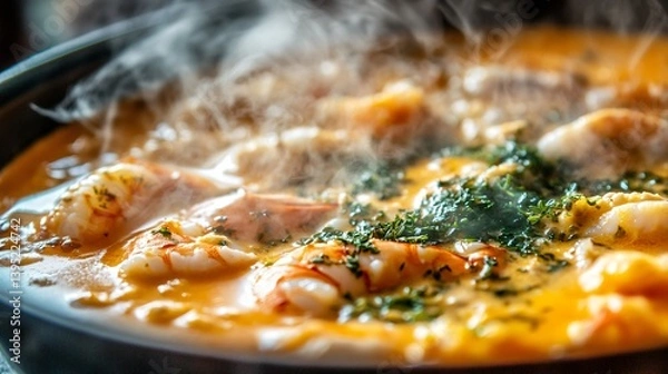 Fototapeta Close up cinematic shot of steaming moqueca with textured seafood and herbs in creamy orange broth HDR richness created with Generative AI technology