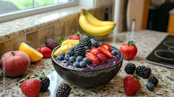 Fototapeta Tigela de açaí vibrante com frutas tropicais, cenário natural de cozinha e clima matinal arejado criado com a tecnologia Generative AI