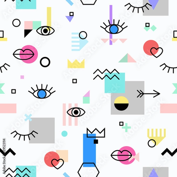 Fototapeta Seamless pattern with eyes and lips and geometric elements. The template for the cover fabric, books. Memphis style