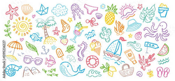 Fototapeta Kid summer beach crayon background. Doodle sea bg. Cute hand drawn sketch flower, sun, cloud, wave, palm, whale, beach umbrella, boat icon. Line crayon vector element. Summer kid color pencil drawing