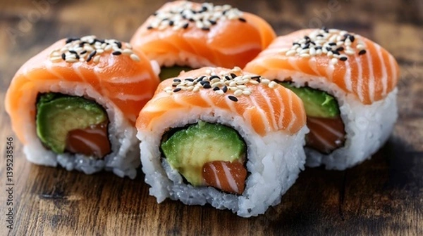 Fototapeta Minimalist style close up of gourmet sushi with salmon avocado rice and sesame created with Generative AI technology