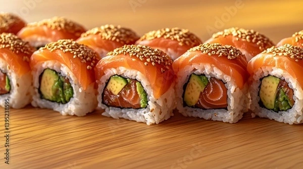 Fototapeta Shallow depth of field image of sushi rolls with fresh salmon and avocado on wood surface created with Generative AI technology