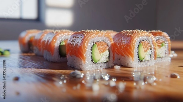 Fototapeta Cinematic macro shot of sushi rolls featuring salmon avocado rice and sesame seeds created with Generative AI technology