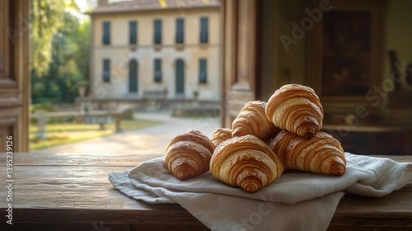 Fototapeta Charme rústico com toalhas de mesa de croissants na hora dourada e cozinha italiana criada com a tecnologia Generative AI
